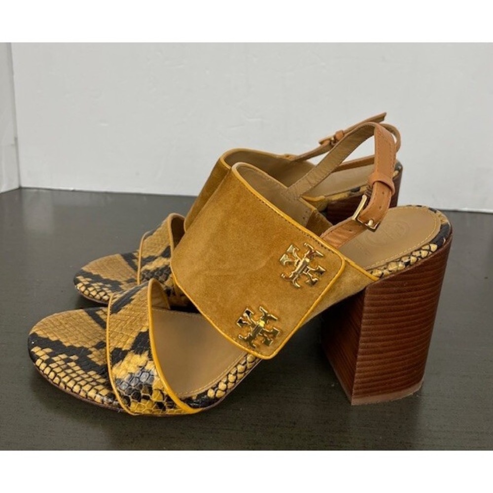 Tory Burch Kira size 9M Suede Brown Snakeskin Wood Platform Heels‎ leather sole